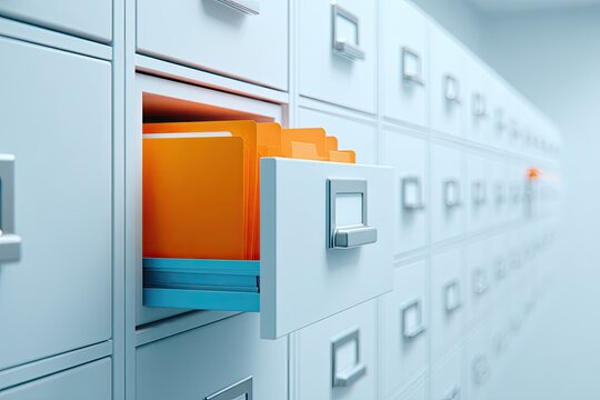 Organized archive of bright orange folders in an open filing cabinet drawer