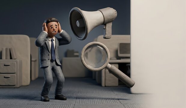 Stressed diverse employee cowering under giant megaphone and magnifying glass, micromanagement and toxic workplace concept, 3d clay animation style