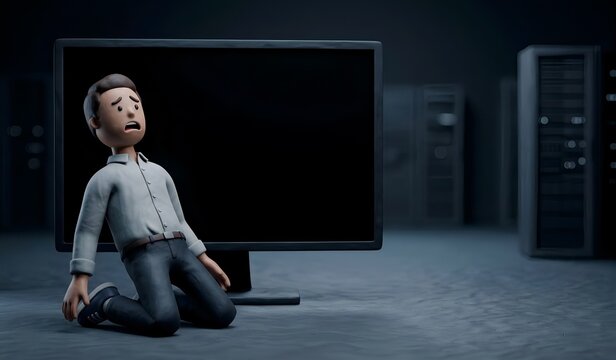 Devastated diverse IT engineer falling to knees in front of a giant black blank monitor, server down and data loss concept, 3d clay animation style