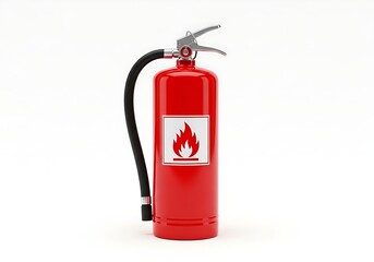 Obraz premium Industrial safety equipment showing a red fire extinguisher with a discharge hose isolated on a solid white surface.