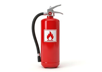 Obraz premium Portable emergency fire extinguisher with a glossy red finish and black nozzle hose isolated on a white background.