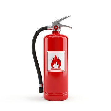 Classic red fire extinguisher featuring a flame icon label and safety pin set against a minimalist white backdrop.