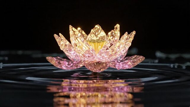 Cinematic Slow Motion of Glowing Crystal Lotus Flower Blooming on Dark Water for Mindfulness and Mental Health Background
