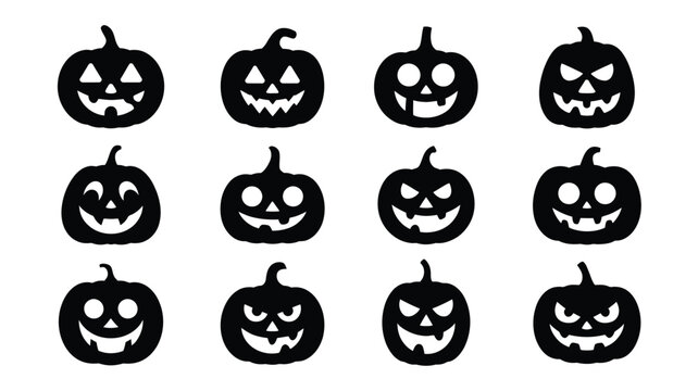 Set of playful and spooky black halloween pumpkin faces with varied expressions for festive decorations