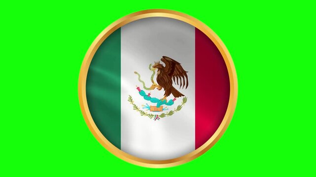 Mexico Round Framed National Wavy Flag. Circular Blowing Flag of M&eacute;xico with Golden Gold Frame.