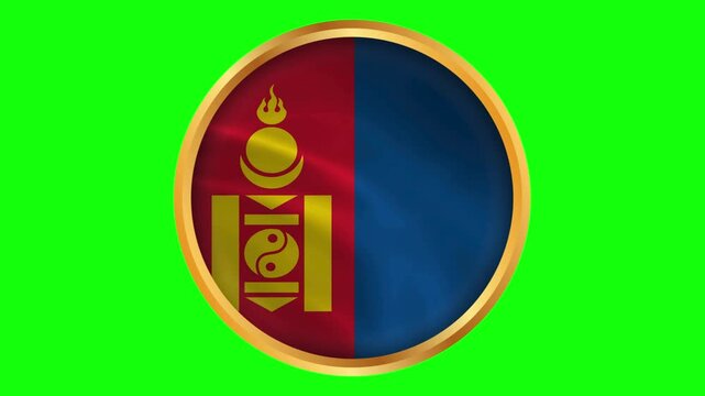 Mongolia Round Framed National Wavy Flag. Circular Blowing Flag of Mongolia with Gold Frame