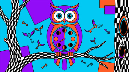 Fototapeta premium Surreal Owl Grandfather Clock With Moon Phases And Winged Keys, Pop Surrealism Flat Illustration With Bold Outlines