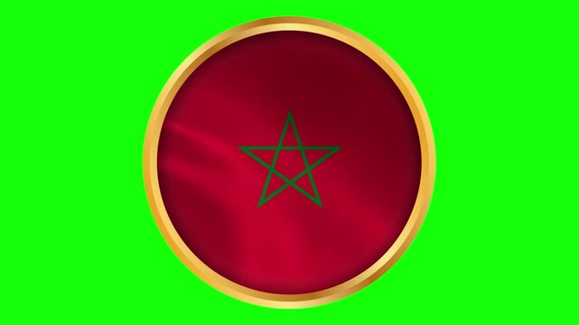 Morocco Round Framed National Wavy Flag. Circular Blowing Flag of Morocco with Gold Frame.