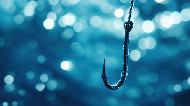 tackle. Macro shot of a fish hook submerged in water with light refraction and blue tones. wildlife magazines, conservation campaigns, designed for nature documentaries and education.