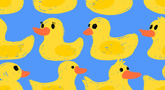 Cute yellow rubber seamless pattern. Hand drawn duck toy for bath endless texture. Brush stroke style. Vector grunge cartoon style design element bathing baby toy. Yellow duck seamless pattern.