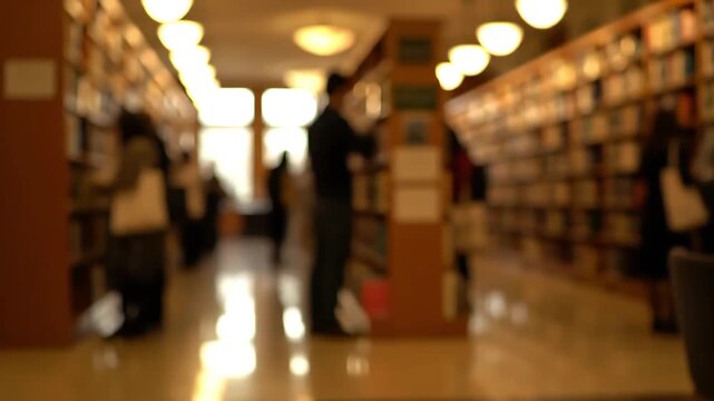 Blurred view of people browsing books in a quiet library or bookstore.