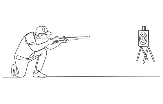 Man in kneeling position aiming a shotgun at a target on tripod in continuous line drawing with line art single kneeling shooting competition illustration recreation outdoors practice