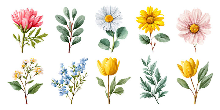 Colorful spring flowers collection featuring daisy, tulip, and botanical leaves isolated on white background Set of floral elements for wedding invitation, greeting card design, and seasonal decoratio