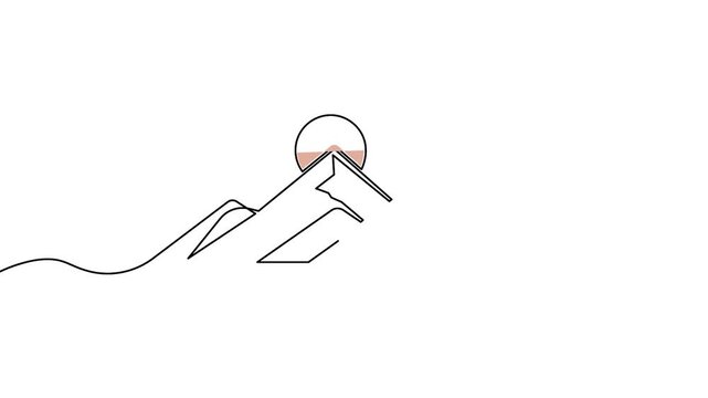 Mountain line art logo with sun continuous minimal outline vector design