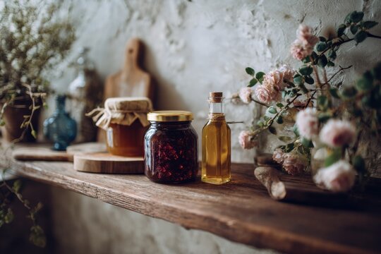 View of a kitchen shelf with a few jars of rose petal jam and a small bottle of rose-infused oil, natural homemade products