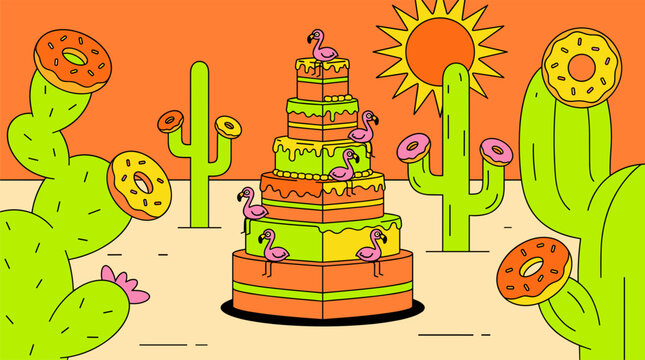 Towering Desert Wedding Cake with Flamingos and Donut Cactus Plants Pop Surrealism Flat Illustration with Bold Outlines