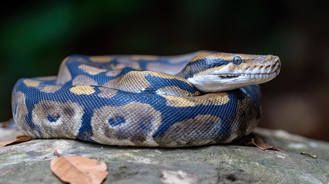 distended. Python snake resting among food remnants, visibly full abdomen in natural habitat. wildlife magazines, conservation campaigns, designed for nature documentaries and education.