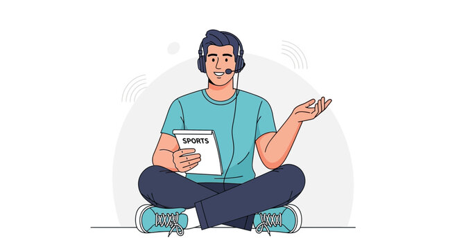 Sports Commentator with Headset and Tablet, Sitting Cross-legged