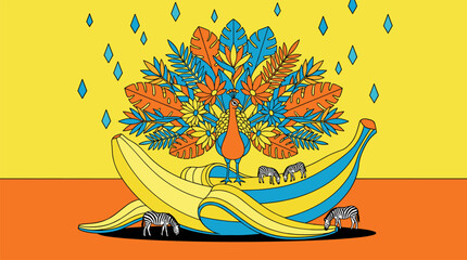 Naklejka premium Majestic Peacock With Tropical Leaf Feathers Standing On Giant Banana Pop Surrealism Flat Illustration With Bold Outlines
