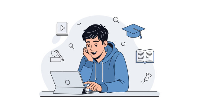 Student learning online with laptop, graduation cap, book, and video icon