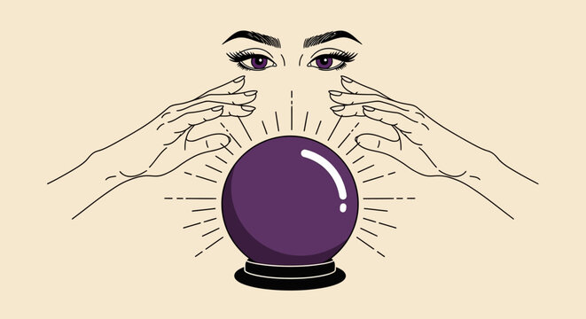 Mystical purple crystal ball with hands and eyes, symbolizing future predictions and divination