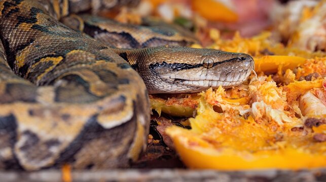 distended. Python snake resting among food remnants, visibly full abdomen in natural habitat. wildlife magazines, conservation campaigns, designed for nature documentaries and education.
