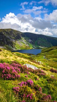 A picturesque mountainous landscape with a serene lake nestled amidst rolling green hills, vibrant pink flowers, and a blue sky