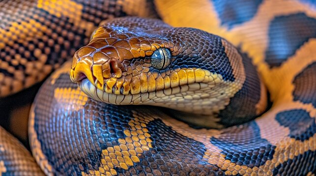 distended. Python snake resting among food remnants, visibly full abdomen in natural habitat. wildlife magazines, conservation campaigns, designed for nature documentaries and education.