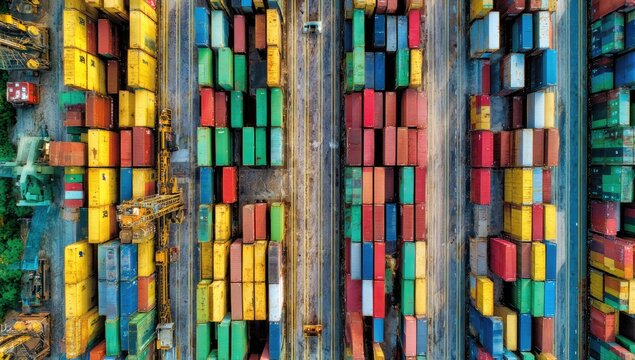 Aerial view of a colorful cargo shipping container yard