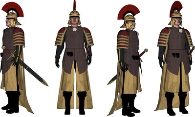 Obraz premium Ancient Chinese Warrior Character Design Featuring Traditional Armored Uniform and Golden Helmets for Historical Game Asset Visuals 