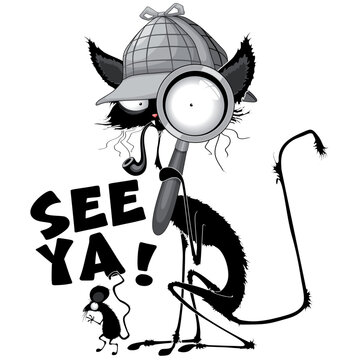 "SEE YA!" Text Quote Black Cat Humor Meme. Funny Cat and Mouse Characters Vector EPS illustration isolated.
