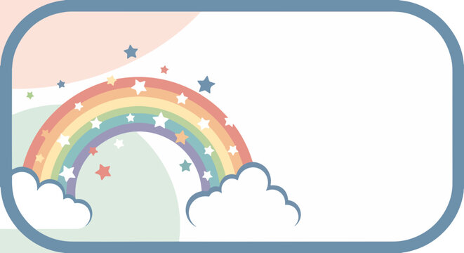 Pastel rainbow arch with fluffy white clouds and colorful stars, perfect for Pride Month. Whimsical background design supports Pride Month celebration, ideal for graphic template.
