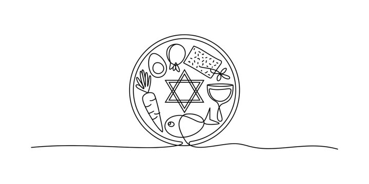A single continuous line drawing of a traditional jewish passover seder plate with food items Vector, illustration
