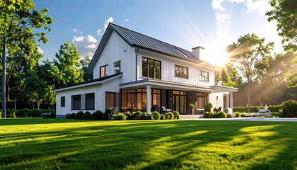 Fototapeta premium Elegant Modern Home with Lush Green Lawn and Bright Sunlight.