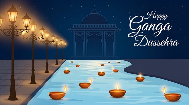Vector illustration of happy ganga dussehra with floating diyas and traditional lamps