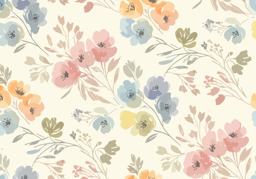 Colorful blossoms arranged in a soft and cheerful repeating garden inspired pattern