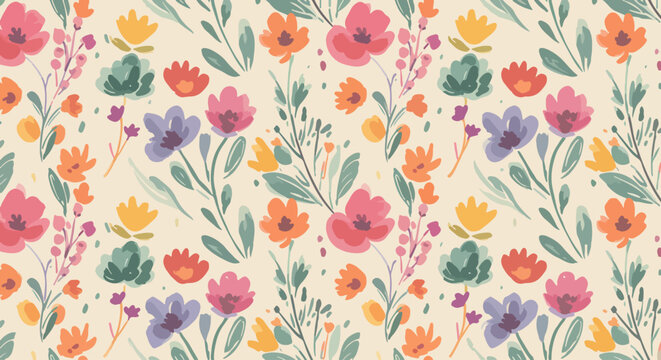 Organic floral pattern blending warm orange tones with cool blue highlights