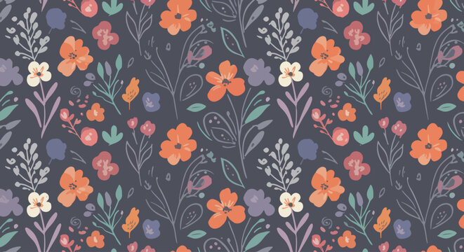 Calm botanical pattern featuring evenly spaced blossoms and elegant leaf forms