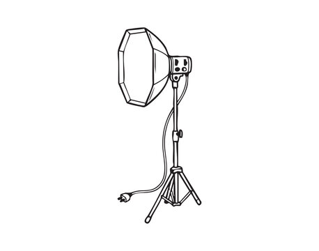 Studio octabox light on tripod, clean white background, adjustable boom arm, cable coiled at base, metal knobs and clamps, diffuser panel facing forward, professional strobe ready for product
