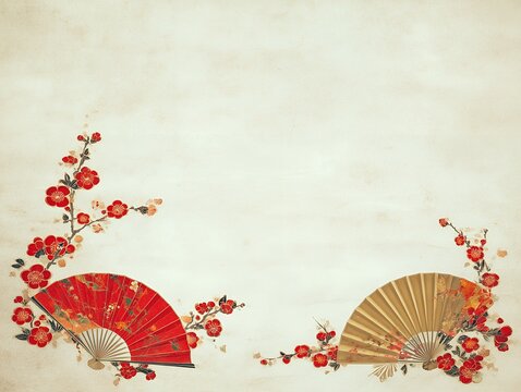 Japanese traditional fans with red plum blossoms on washi background