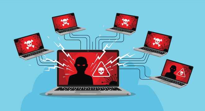 Cyber attack visualization with hacker in silhouette on laptop controlling a network of compromised computers.