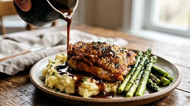 Rich brown gravy being poured over roasted chicken thigh mashed potatoes and asparagus on a rustic wooden table. Warm and inviting mood with natural lighting.