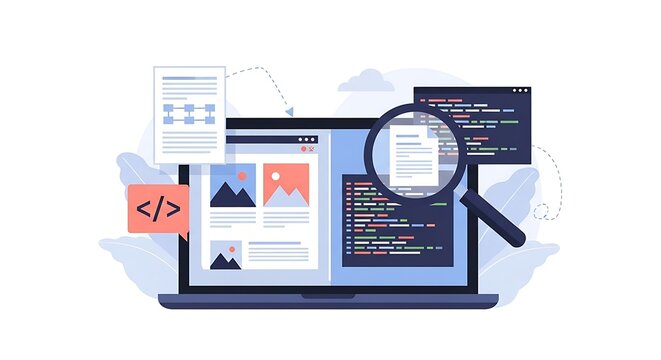 A developer examines coding on a laptop screen with a magnifying glass nearby.
