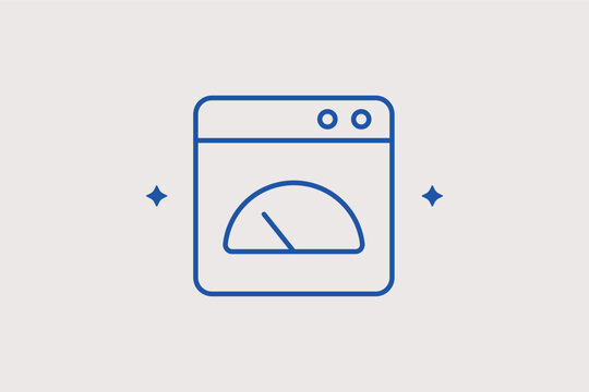 Dashboard speedometer line icon for website performance testing and server speed checks. Fast Vector Illustration for site optimization reports and hosting efficiency metrics.