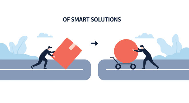 Efficiency in workplace solutions is demonstrated by a comparison of pushing a heavy rectangular box versus a round ball on a cart.