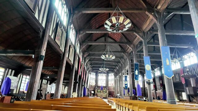 Wide interior shot of the historic wooden St. Catherine&rsquo;s Church in Honfleur