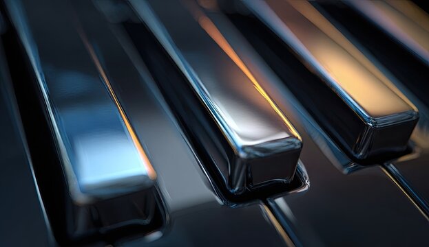 Gleaming polished piano keys reflect warm ambient light