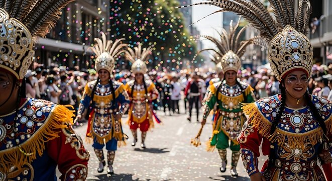 Vibrant street parade with colorful traditional costumes, ornate headdresses, and joyful dancers performing a cultural ritual.