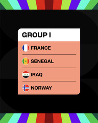 Group I Football 2026 Team Grouping for International Tournament Qualification, Featuring Country Flags, Modern Design. © lunarts_studio