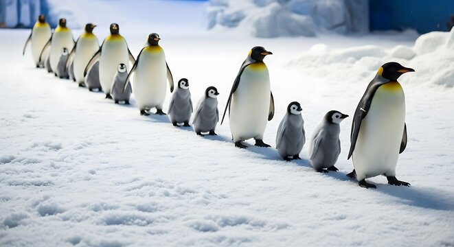 Penguin colony walking on snowy ground.